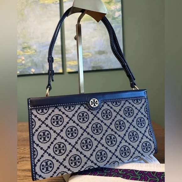 NWT! NEW! Tory Burch T Monogram Jacquard Mini Pouchette Navy 2 in 1 Shoulder Bag - Picture 10 of 16